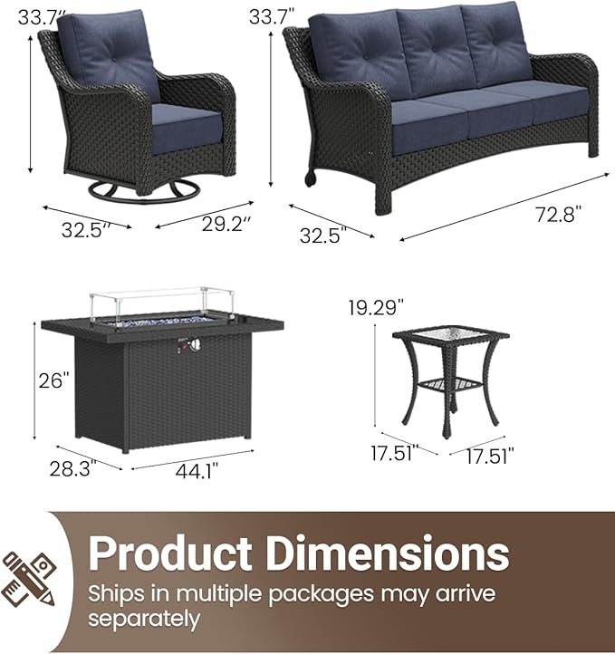 5 Pieces Outdoor Furniture Set with 6-inch Cushions, High Back Wicker Swivel Rocker Chairs with Fire Pit Table, Luxury Conversation Set for Deck Patio and Poolside