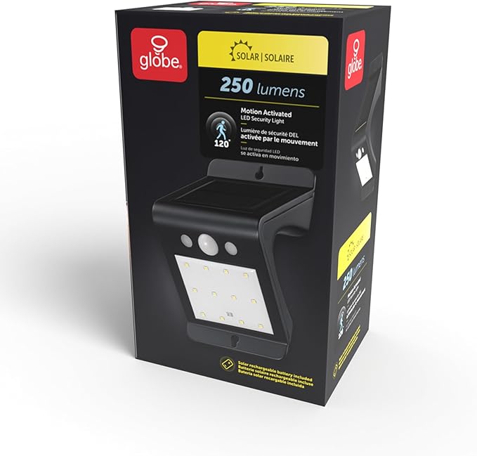 Globe Electric 17000210 4W LED Integrated Solar Powered Motion Activated Flood Light, 120-Degree Motion Detection, Black Finish, 250 Lumens, Integrated Solar Panel, Outdoor Lights, Security