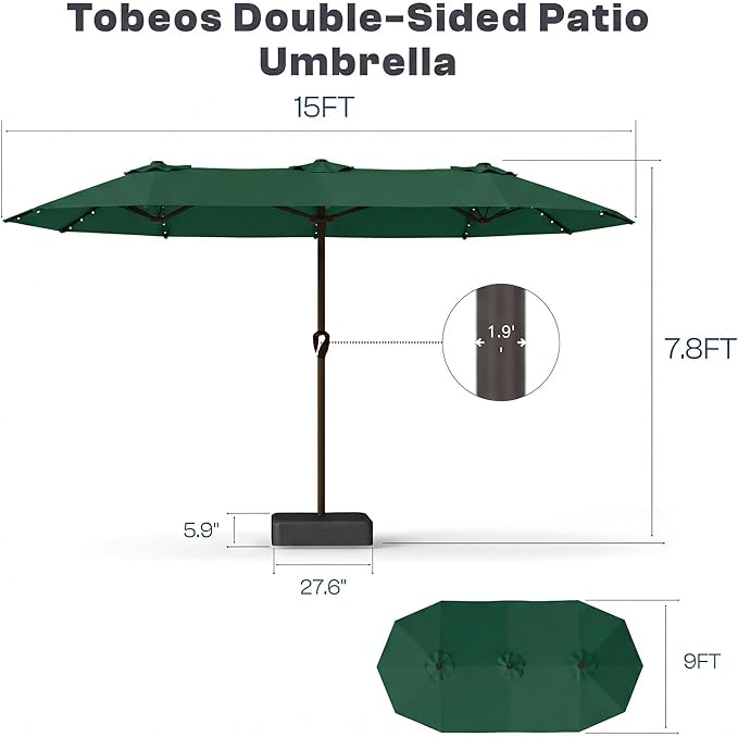 Large Patio Umbrella with Solar Lights and Base, Double-Sided Outdoor Rectangle Umbrella with 48 LED Lights, Market Table Umbrellas with UV Resistant Canopy