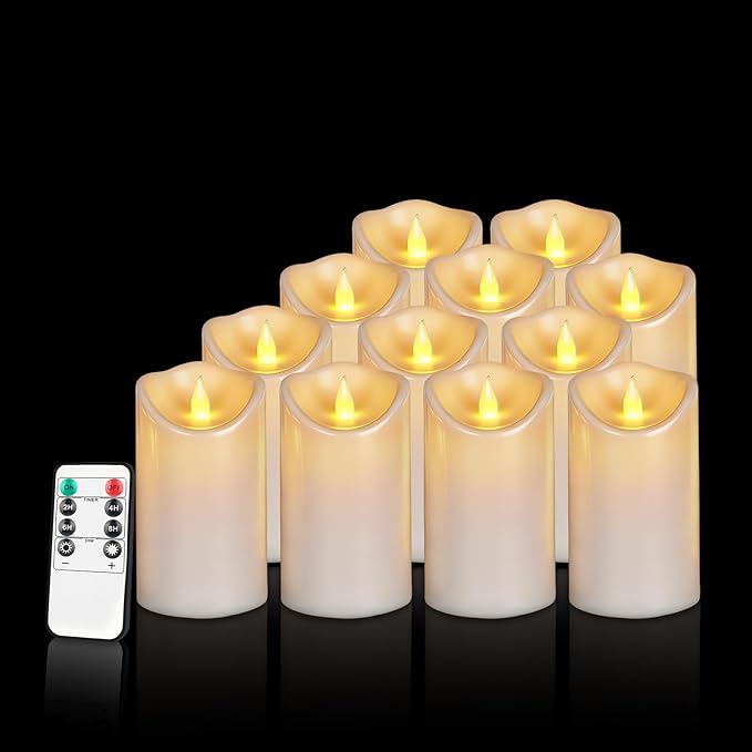 Flameless Candles 4" 5" 6" Outdoor Indoor Pillars Battery Operated Flickering Candles Include 10-Key Remote Timer 400+ Hours by 2 AA Batteries (White Candle - Warm light, 3"D x 6" H - 12 Pack)