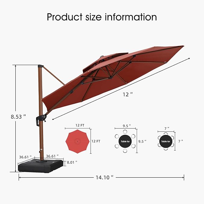 PURPLE LEAF Cantilever Umbrella with Base Outdoor Round Umbrellas Large Cantilever Umbrella Windproof Offset Heavy Duty Sun Umbrellas for Garden Deck Pool Patio, 12ft Brick Red