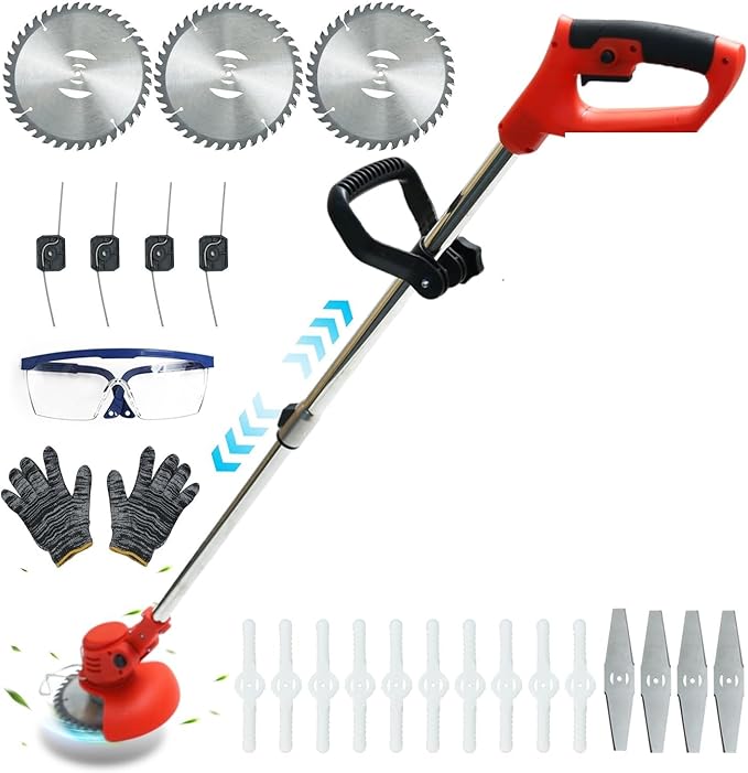 Cordless Grass Trimmer, Battery Powered Weed Wacker with Nylon Cutter, Lightweight Brush Cutter for Grass, Shrubs, and Weeds, Red