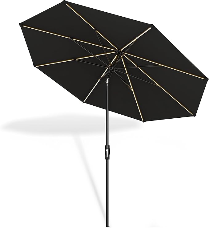 Midtown Umbrellas The LED Swilt 9 Feet Outdoor Patio Umbrella With Sunbrella Black Acrylic Fabric - Auto-Tilt And Swivel Aluminum Frame, Black Pole