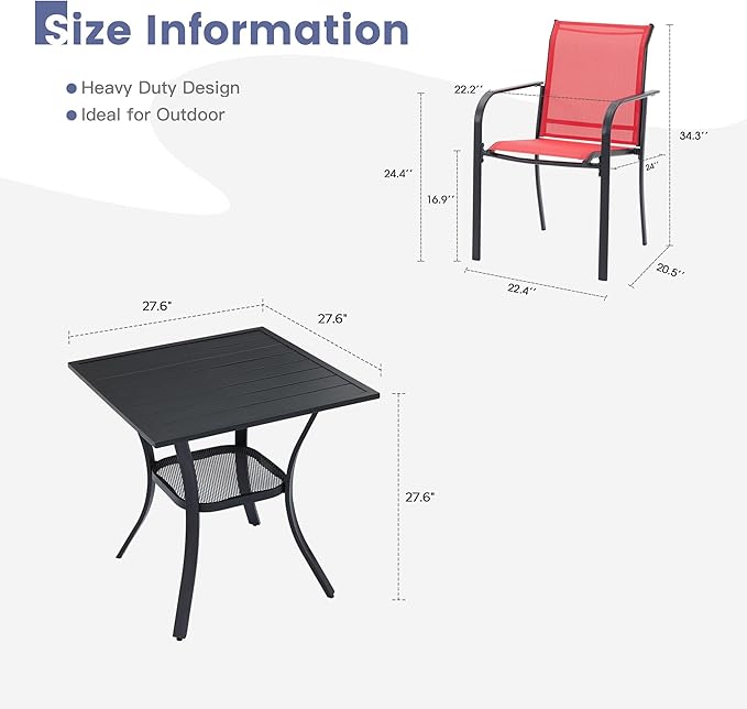 VICLLAX Outdoor Dining Set for 2, Small Patio Table and Chairs Set of Stackable Patio Sling Chairs and Square Dining Table for Front Porch, Red Fabric and Black Table