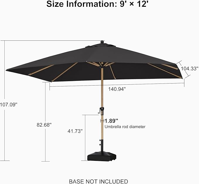 PURPLE LEAF 9' x 12' Patio Umbrella Outdoor Table Umbrella Rectangular Aluminum Market Umbrella with 8 Sturdy Ribs & Crank Outdoor Umbrellas for Garden Deck Patio, Black