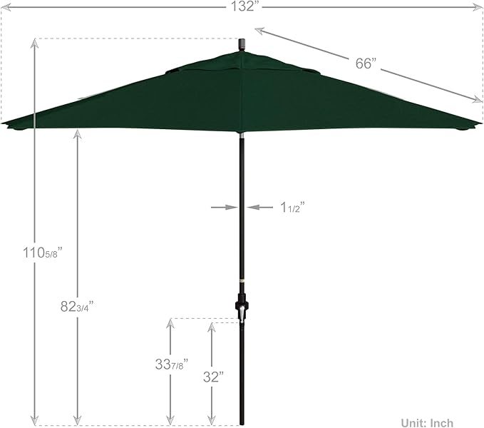 California Umbrella 11Ft Premium Sunbrella Patio Umbrella, Hand-Crank, Tilt-Collar, Bronze Frame, Forest Green Fabric