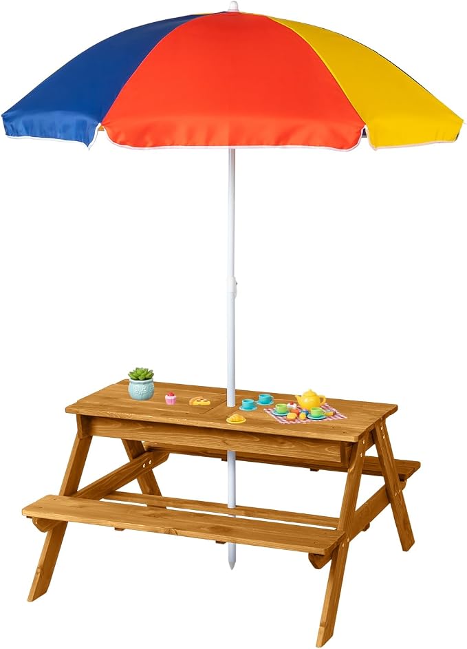 JOYMOR 4-in-1 Kids Picnic Table w/2 Sensory Bins, Cedar Wooden Sand & Water Table with Height Adjustable Umbrella, Wooden Kids Outdoor Picnic Tables for Garden, Backyard, Patio Furniture(Natural)