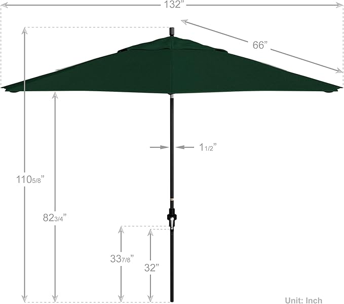 California Umbrella 11Ft Premium Sunbrella Patio Umbrella, Hand-Crank, Tilt-Collar, Black Frame, Forest Green Fabric
