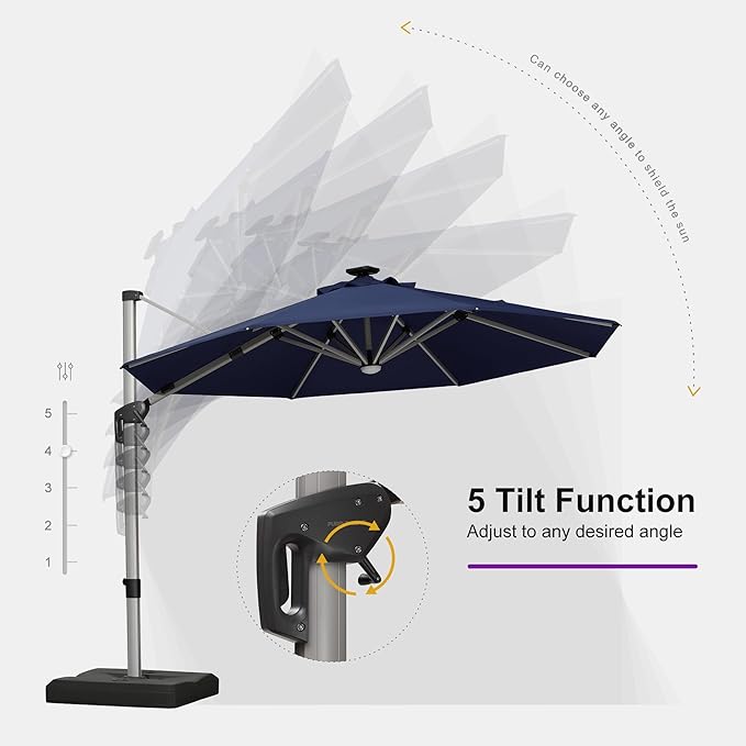 PURPLE LEAF Cantilever Umbrella with base 10ft Outdoor Round Patio Solar Powered LED Umbrella with 360-degree Rotation for Garden Deck Pool Patio, Navy Blue