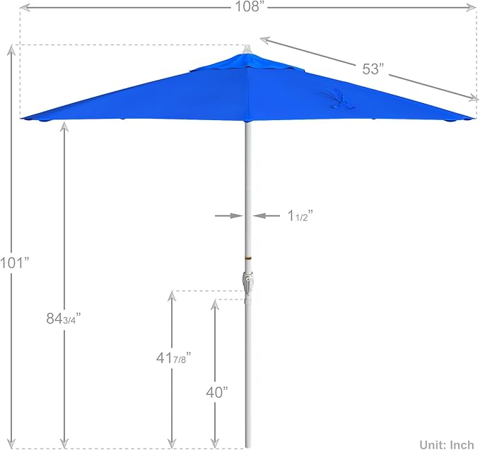 California Umbrella 12-Year Protection 9' Rd Aluminum Patio Umbrella, Crank Lift, Auto Tilt, White Finish, Sunbrella Pacific Blue