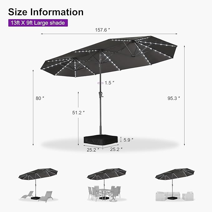 PURPLE LEAF 13ft Double-Sided Patio Umbrella with Solar Lights Outdoor Market Umbrella with Base and Crank Handle Table Umbrella for Backyard Pool Garden Deck, Grey