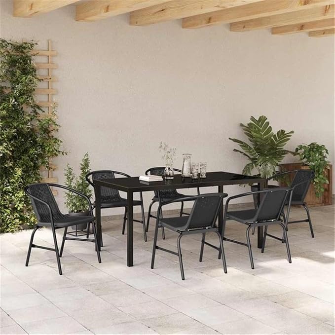Afuera Living 7 Piece Poly Rattan Garden Dining Set, Black Powder-Coated Steel Frame, Tempered Glass Tabletop, Modern Outdoor Patio Dining Furniture for 6, Easy Assembly, Weather-Resistant