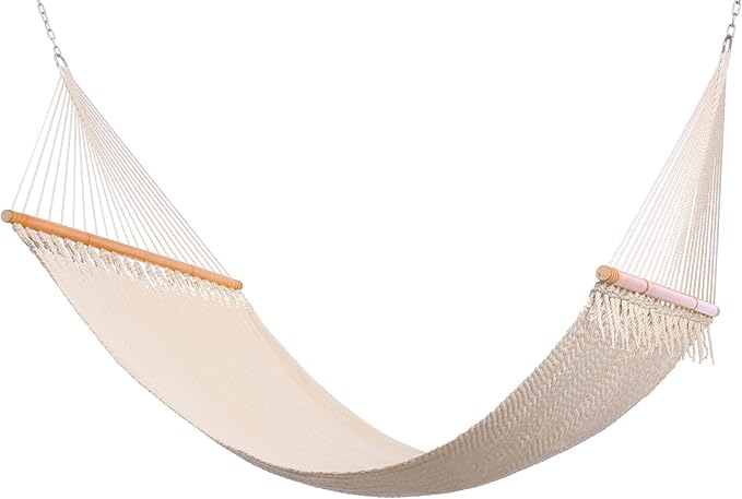 Double Hammock with Hand Tightly Woven Rope Net, Solid Spreader Bars, 12FT for 2 Persons, Caribbean Type, All Weather for Outdoor, Coastal Relaxtion, 450LBS Capacity, Warm Oatmeal