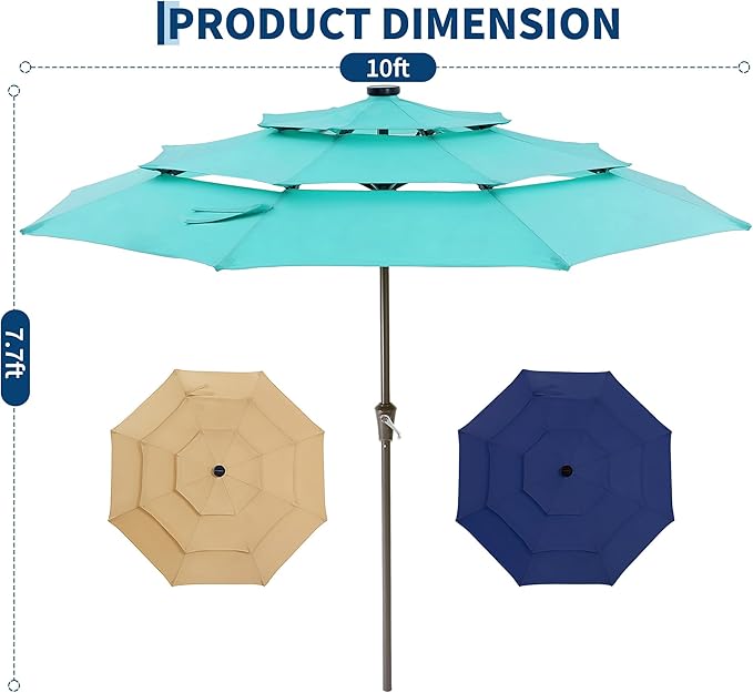Garvee 9ft 10ft Patio Umbrella with Solar Lights, 3-Tier Umbrella Outdoor Patio with LED Lights, Ventilation, Easy Crank & Tilt, 8 Sturdy Ribs, UV Protection, Large Patio Umbrella for Deck, Pool