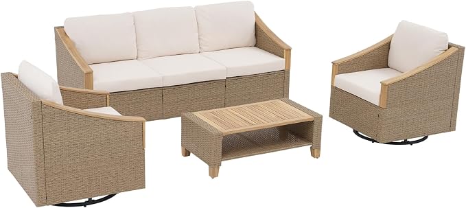 SUNSITT 4-Piece Wicker Patio Set with Swivel Chairs, Acacia Wood Accents | 3-seat rattan sofa,2 swivel chairs with acacia wood armrests, 2-layer wood top coffee table, thick cushions for backyard
