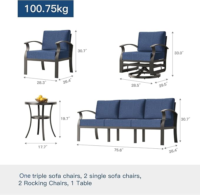 Kullavik Aluminum Patio Furniture Set,6 Pieces 7 Seat Sectional Metal Outdoor Furniture Conversation Set w/5.1" Cushions,Swivel Rocking Chairs Set,Navy Blue