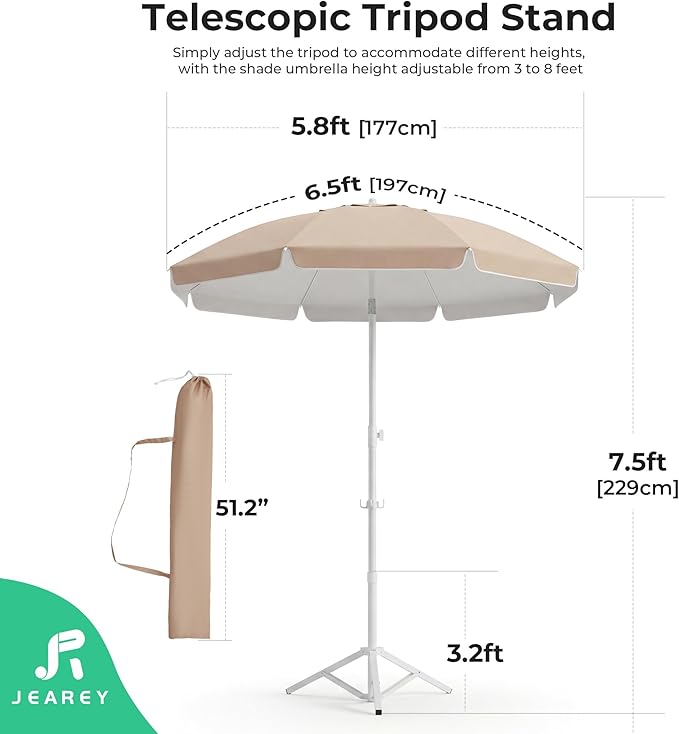 JEAREY 6.5ft Sun Shade Umbrellas, Portable Umbrella with Stand, Lightweight Sun Protection Free Standing Sport Umbrella for Outdoor Sports, Camping, Fishing, Patio, Beach, Beige
