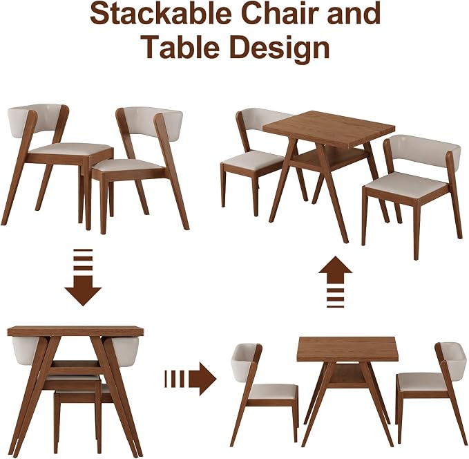AnywaysWood Solid Wood Outdoor Patio Dining Table Set,3 PCS Bistro Dining Table Set of 2 with upholstered Chairs Patio Conversation Set Stackable Chair and Table Design for Lawn,Deck,Backyard,Walnut