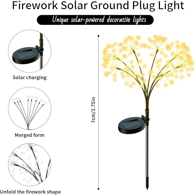 Solar Firework Lights Outdoor, 2 Pack Fairy Lights 160LED with 8 Modes, Warm White Solar Garden Lights for Yard Pathway Lawn Patio Landscape Decor (2pcs Flower Lanterns)
