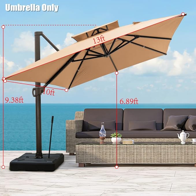 HomeRoots 13' Tan Polyester Rectangular Tilt Cantilever Patio Umbrella with Stand