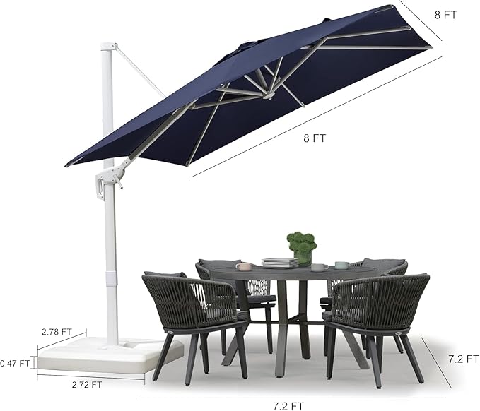 PURPLE LEAF 8 FT White Patio Umbrella With Base Outdoor Cantilever Umbrellas Square Offset Umbrella Windproof with 360° Rotation for Garden Deck Pool, Navy Blue