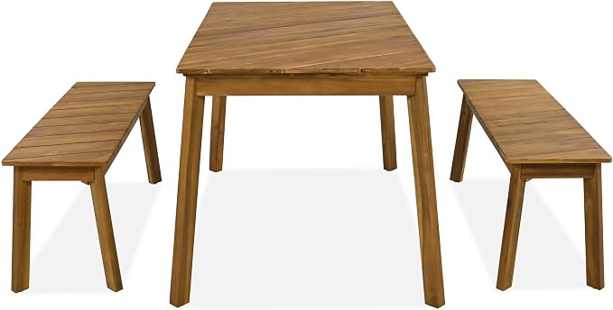 3-Piece Wood Outdoor Dining Set with 2 Benches, Patio Table and Chairs Set, Patio Dining Sets for Patio, Porch, Garden & Indoor Use, Picnic-Style Furniture