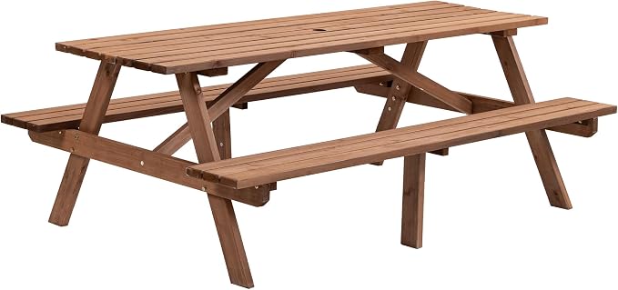 75'' Rectangular Outdoor Dining Table Wooden Patio Dining Table & 2 Built-in Bench for 8, 2" Umbrella Hole, Suitable for Backyard Garden Porch, Brown