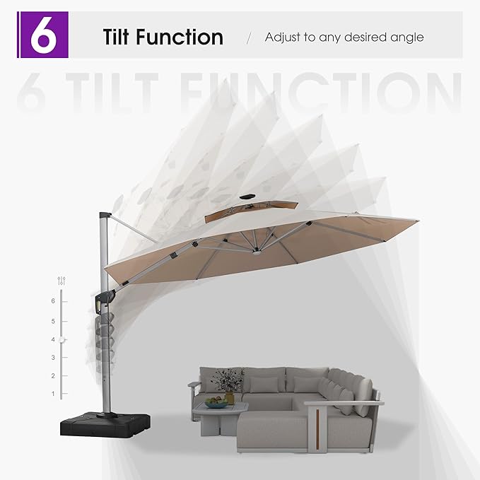 PURPLE LEAF Cantilever Umbrella with Base 13ft Outdoor Round Patio Solar Powered LED Umbrella with 360-degree Rotation for Garden Deck Pool Patio, Beige
