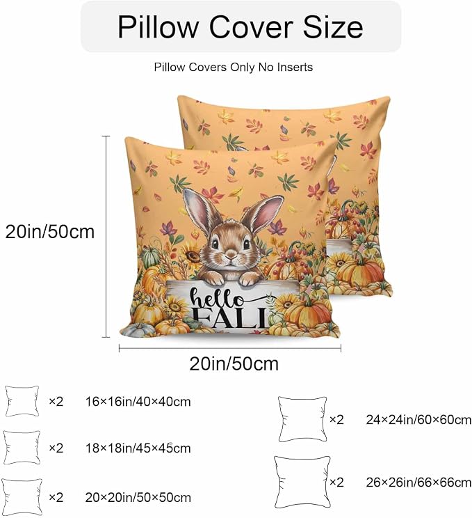 Thanksgiving Rabbit Outdoor Waterproof Pillow Covers, Orange Pumpkins Fall Leaves Flowers Decorative Square Throw Pillowcase Sofa Cushion Sham for Patio/Couch/Chair, 18"x18" 2 Pack