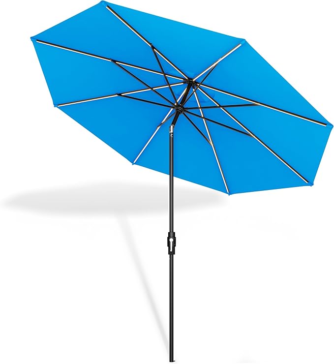 Midtown Umbrellas The LED Swilt 9 Feet Patio Umbrella With Terylast Cobalt (Blue) Polyester Fabric - Auto-Tilt Aluminum Frame With LED Lights For Backyard, Deck, Garden, Pool - Black Pole