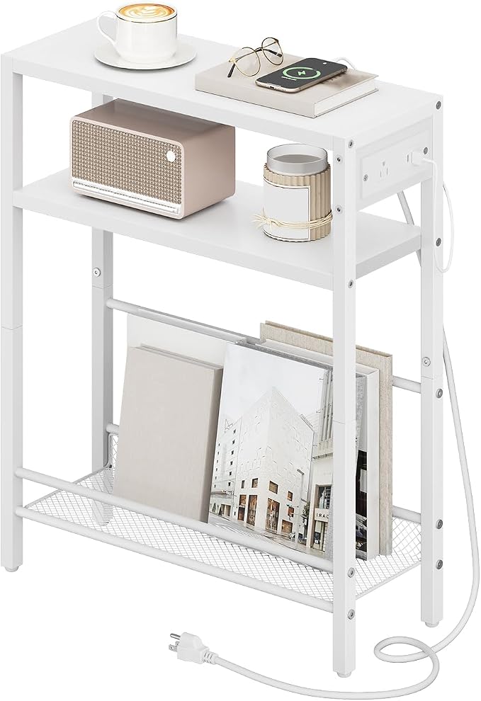 HOOBRO Small Narrow Side Table with Charging Station, Skinny End Table for Small Spaces, Slim Nightstand with USB Ports Outlet, Sofa Beside Table with Storage Shelf, White WT102UBZ01