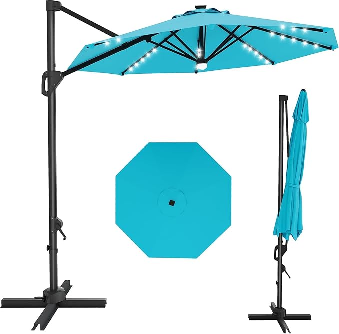 GarveeLife 10FT Patio Umbrella Outdoor Solar LED Large Cantilever Umbrella Market Sun Shade Windproof Offset Umbrella with 360-Degree Rotation for Garden Deck Pool Patio