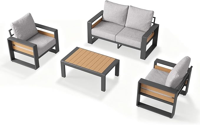 Aoxun Aluminum Patio Furniture Set, 4 Piece Luxury Outdoor Sectional with 6" Olefin Fabric Cushions, Patio Conversation Sets with Coffee Table and Waterproof Cover for Backyard, Porch Light Grey