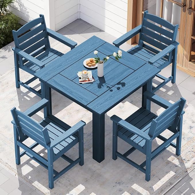 KINGYES 5-Piece HDPE Outdoor Dining Set for 4, Square Patio Table & Armchairs with Umbrella Hole, All-Weather Patio Dining Set for Backyard, Garden, Lawn & Poolside, Blue