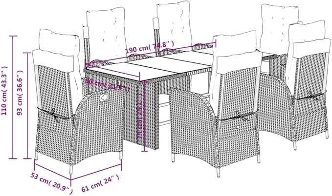 Backyard Furniture Patio Conversation Sets Outdoor Seating 7 Piece Patio Dining Set with Cushions Gray Poly Rattan Suitable for Gardens, Balconies, Decks