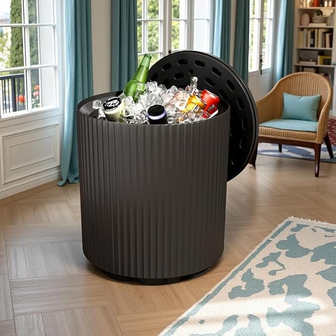 Outdoor Cooler Side Table, Patio Portable Ice Bucket Cooler