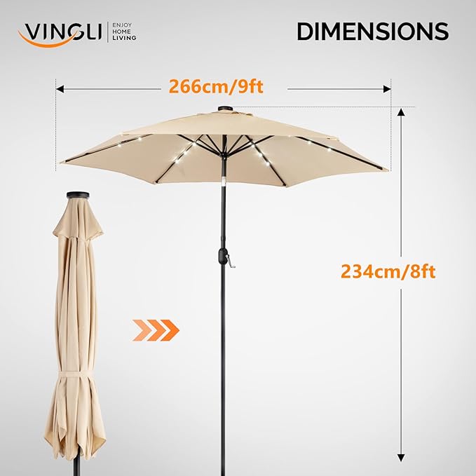 VINGLI 9FT Patio Umbrella with Solar Lights, Outdoor Umbrella with Push Button Tilt and Crank, Umbrella Outdoor Patio for Patio, Deck, Backyard, Pool