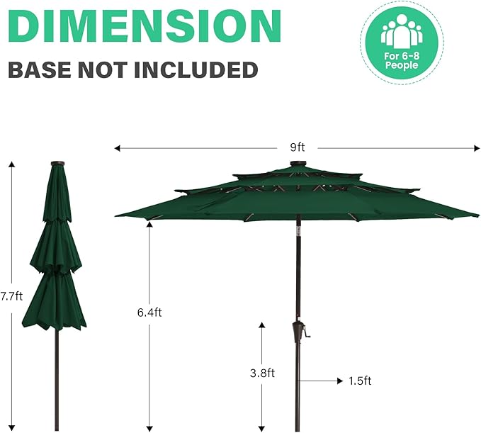 JEAREY 3 Tiers Patio Umbrella with Solar Lights 9ft Outdoor Market Table Umbrellas with Push Button Tilt for Outside Pool Garden, Dark Green