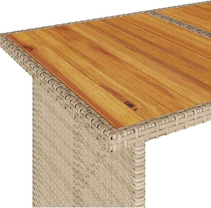 Powder-Coated Steel Garden Table with Beige PE Rattan and Solid Acacia Wood Top, Outdoor Dining Table for Patio, Beige Garden 43.3 x 26.8 x 27.6 in