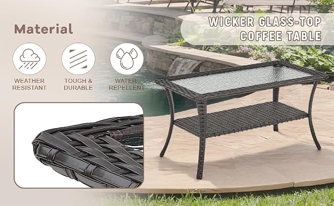 Swivel Patio Chairs sofa Set of 9 with 6" Thick Cushion - Wicker Outdoor Swivel Rocker Patio Chair ,Sofa/Glass coffee table, High Back Comfortable Outdoor Glider Chairs -Brown Wicker | Beige Cushions