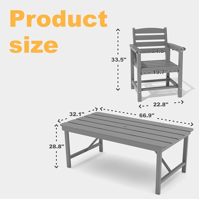 Kingdura 7 Piece Patio Dining Set for 6, HDPE Outdoor Table & Chairs with Umbrella Hole, All-Weather Outdoor Furniture Patio Conversation Set for Lawn Pool Backyard, Grey