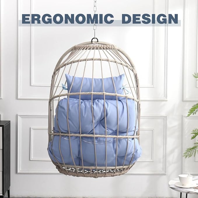 Hanging Egg Chair Without Stand – Foldable Rattan Wicker Swing Chair with Cushion & Headrest, 350lbs Capacity, Ceiling/Tree Mount Kit Included for Indoor Outdoor Use,Blue