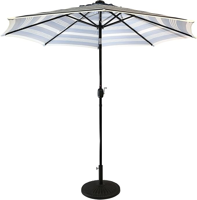 9' Round Patio Umbrella with 32 Solar Powered LED Lights, Push-Button Tilt and Hand Crank Lift, Solar Lighted Umbrella in Navy Stripe for Patio, Porch, and Backyard by Sun-Ray