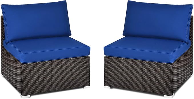 Tangkula 2 PCS Outdoor Wicker Armless Sofa, Patio Rattan Sectional Sofa Set w/2 Thick Seat Cushions and 2 Back Cushions, Additional Seats for Balcony Garden Patio Poolside (Navy Blue)