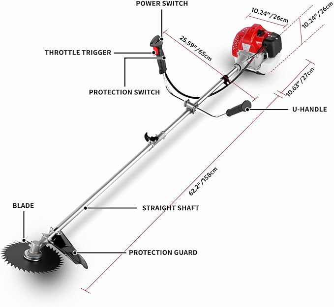 58CC Brush Cutter Gas Powered 2-Cycle 4 in 1 Gas Weed Wacker 18.5" Cutting Path Gas Weed Eater with 4 Detachable Heads Straight Shaft String Trimmer Grass Cutter Machine for Weeds and Grass, Red