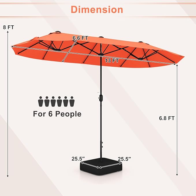Giantex Patio Umbrella with Base, Double-Sided Outdoor Umbrella with Crank Handle, Umbrella Base Stand with 2 Sandbags, 12 Metal Ribs, Market Umbrellas for Garden Poolside Deck
