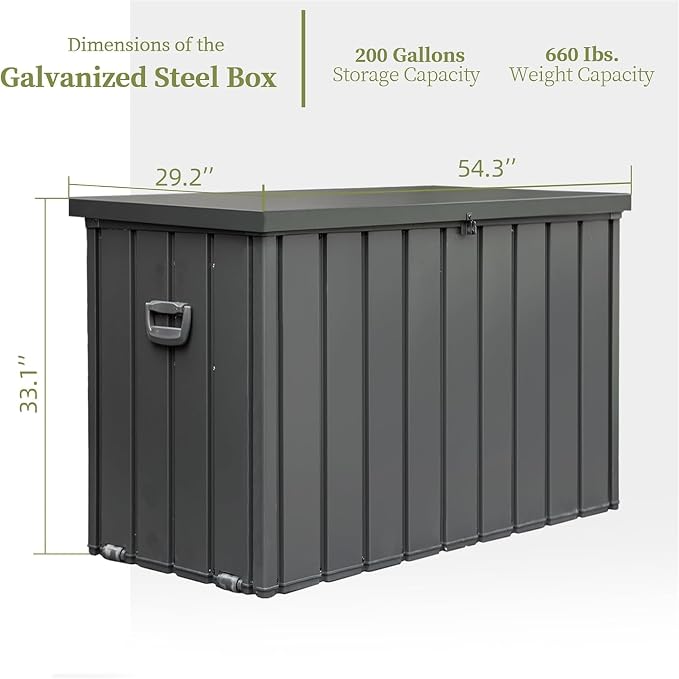 54.3" Large Outdoor Storage Deck Box with 200 Gallon High Capacity, Heavy Duty Metal Storage Bin with Lockable Lid, Waterproof Patio Chest with 2 Hydraulic Rods for Outside Cushions, Garden Tools,Gray