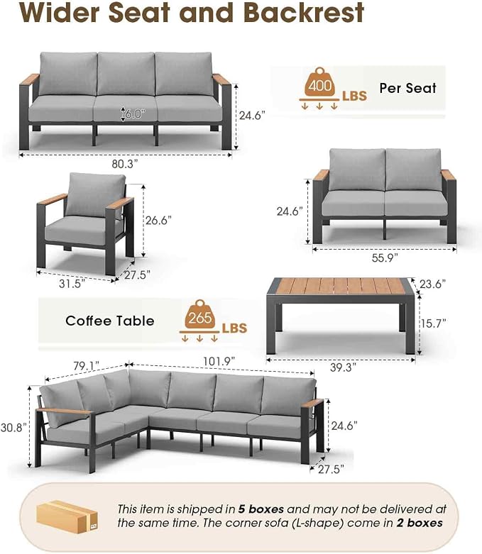 Aluminum Outdoor Patio Furniture Set, 11 Seats Patio Conversation Sets, Oversized Outdoor Sectional with Washable Thick Cushions & Coffee Table for Backyard, Garden and Poolside, Gray