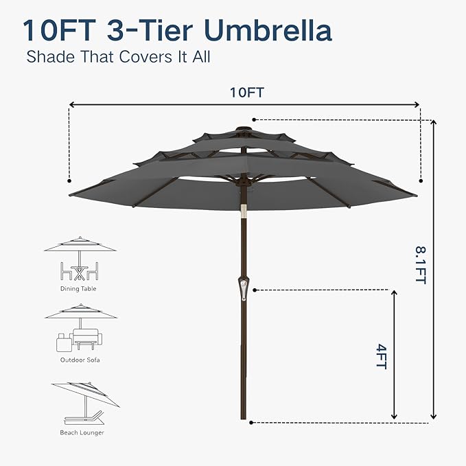 10FT Patio Umbrella 3 Tiers Outdoor Market Umbrella w/Push Button Tilt, Crank, UV and Waterproof Table Umbrella for Garden, Pool, Backyard, Deck, Lawn, Grey