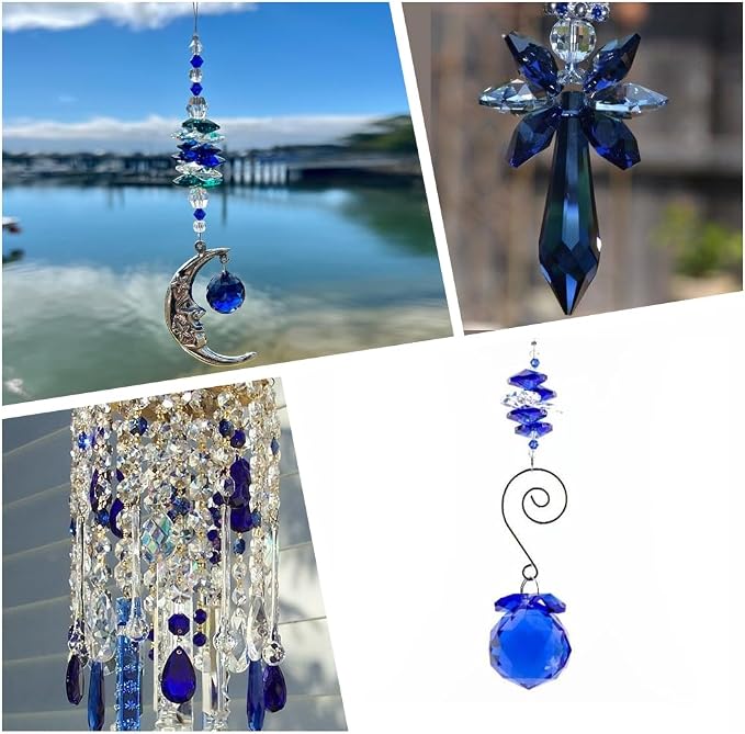 120Pcs Blue 14mm Octagonal Crystal Beads Prism Beads Bulk with 2 Holes Crystals Chandelier Replacement Parts Connector Sun Catcher Faceted Spacers for DIY Lamp Hanging Pendant Jewelry DIY